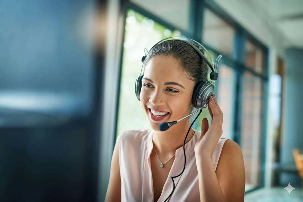 Agente de call center sonriente con headset transmitiendo calidez y empatía